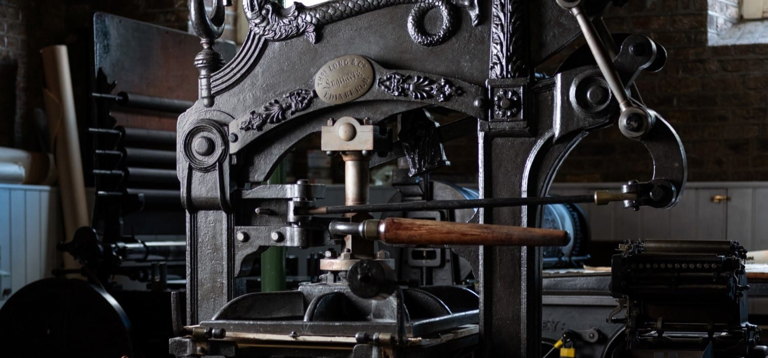 A black, cast-iron Columbian printing press at the National Print Museum
