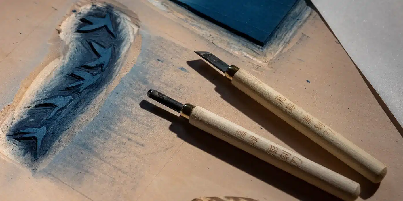 Close up of japanese print workshop and tools