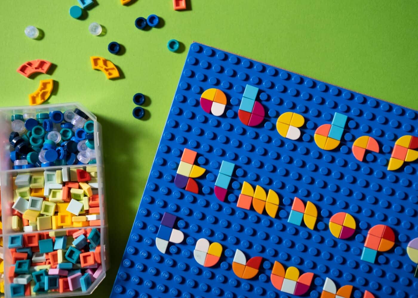 Lego print tiles and assembled letters