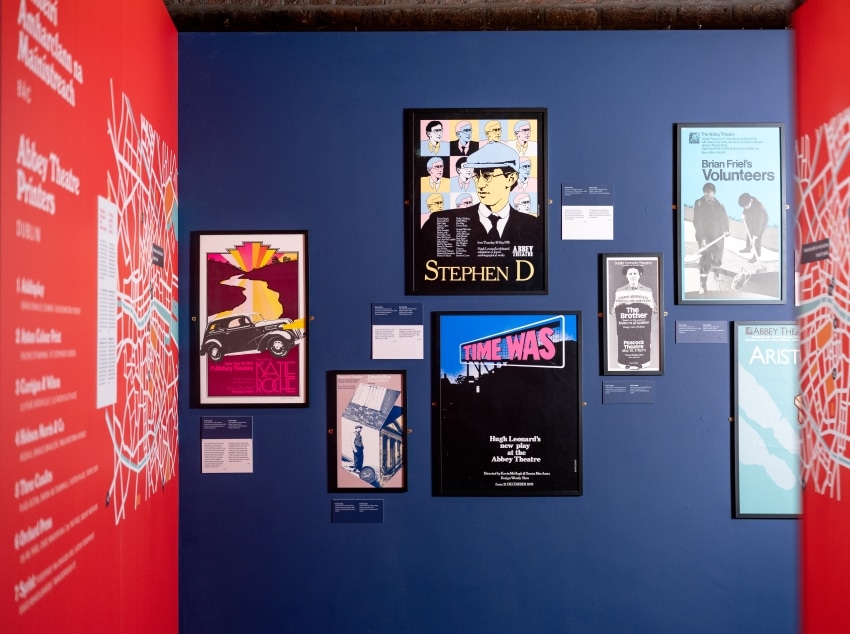 A view of framed theatre posters in the 'Poster Boys' exhibition