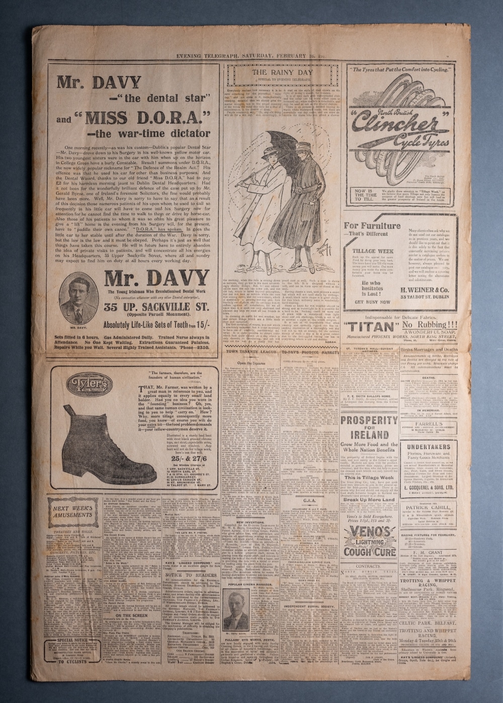 A newspaper showing an advert for Mr Davy, a dentist