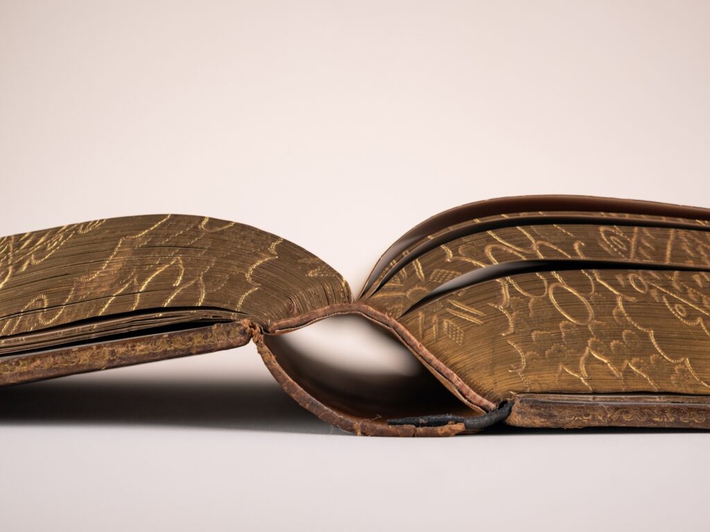 A close-up of the open spine of an old book in the Museum's collection