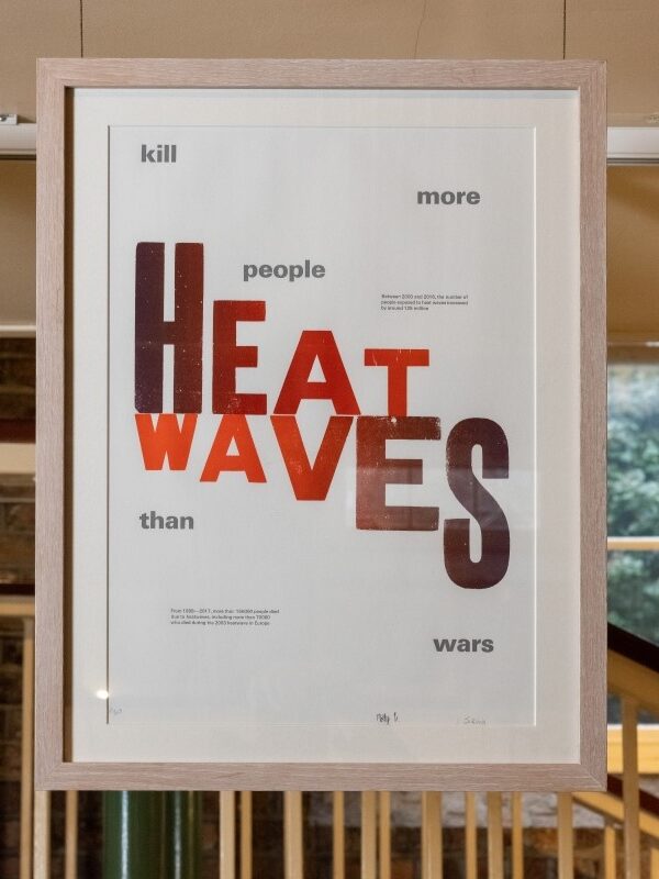 A framed letterpress print using text to comment on climate change