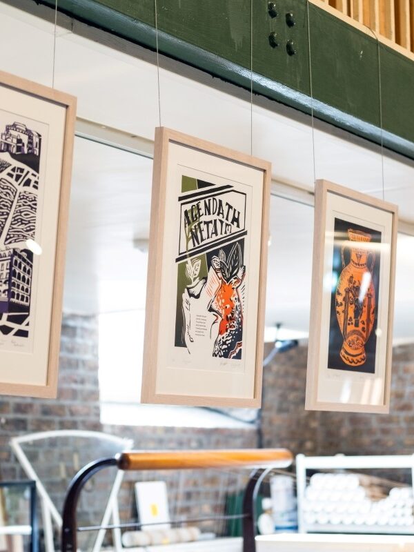 A row of framed prints depicting different episodes from James Joyce's Ulysses