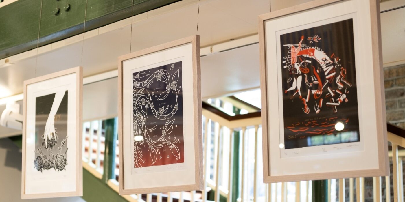 A row of framed prints depicting different episodes from James Joyce's Ulysses