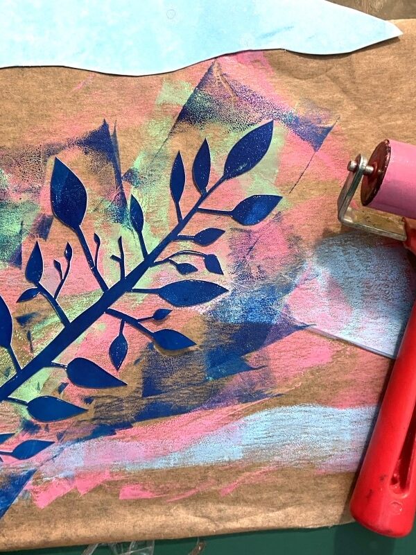 setup for monoprinting, with a shape and ink roller