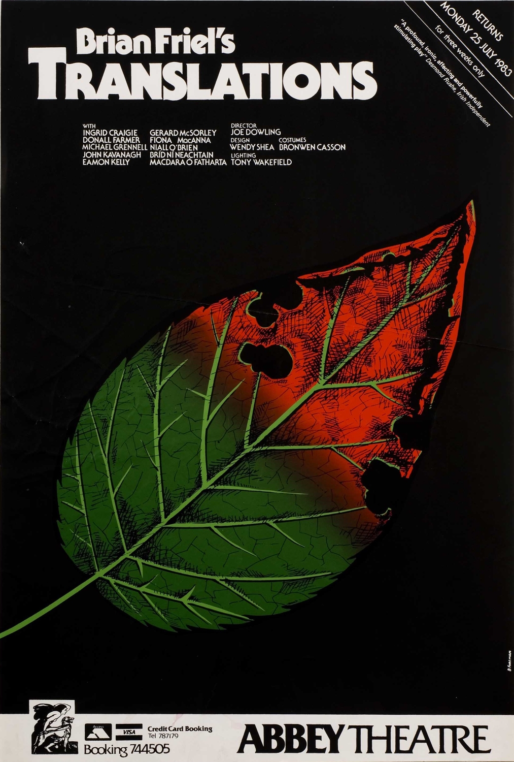 Translations Brendan Foreman Brian Friel A poster for Brian Friel's Translations, illustrated with a green leaf that is turning red at the end