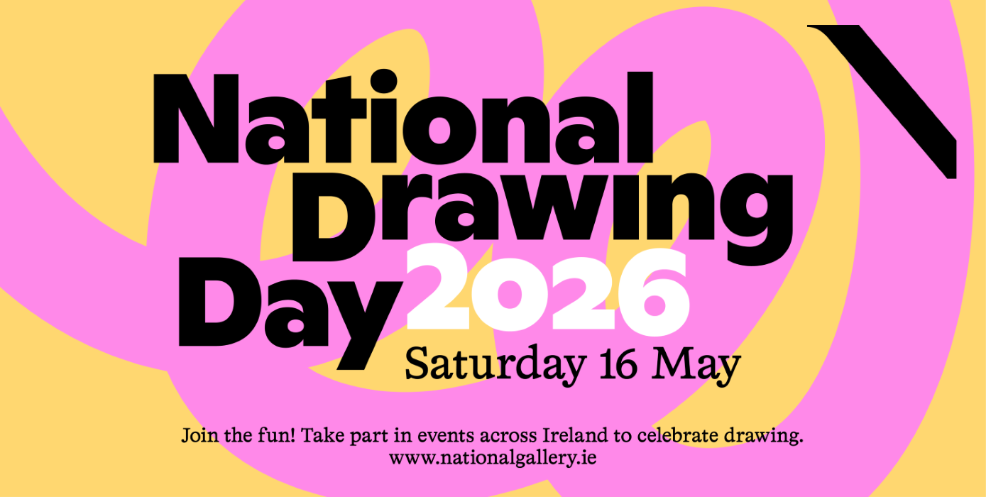 An advertisement for National Drawing Day 2026 with a pink and orange background.