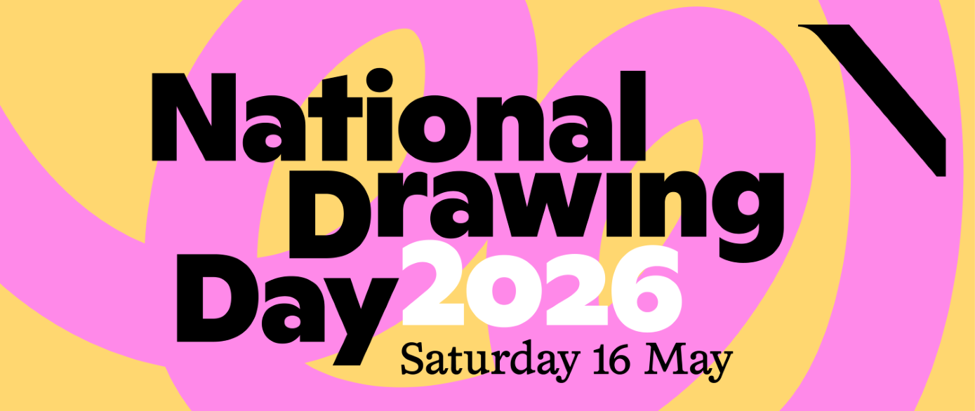 A colourful background of pink and orange with black text on top advertising National Drawing Day 2026
