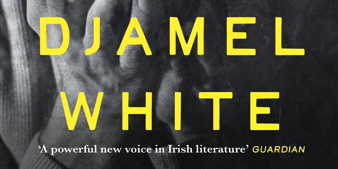 A detail of a book cover reading Djamel White in yellow text on a black and white background.