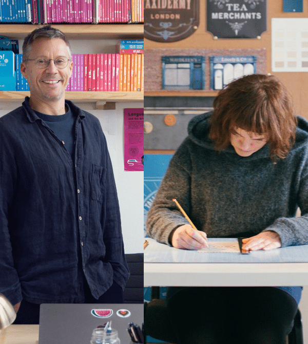 Two side by side photographs of writers/designers Chris Haughton and Annie Atkins.