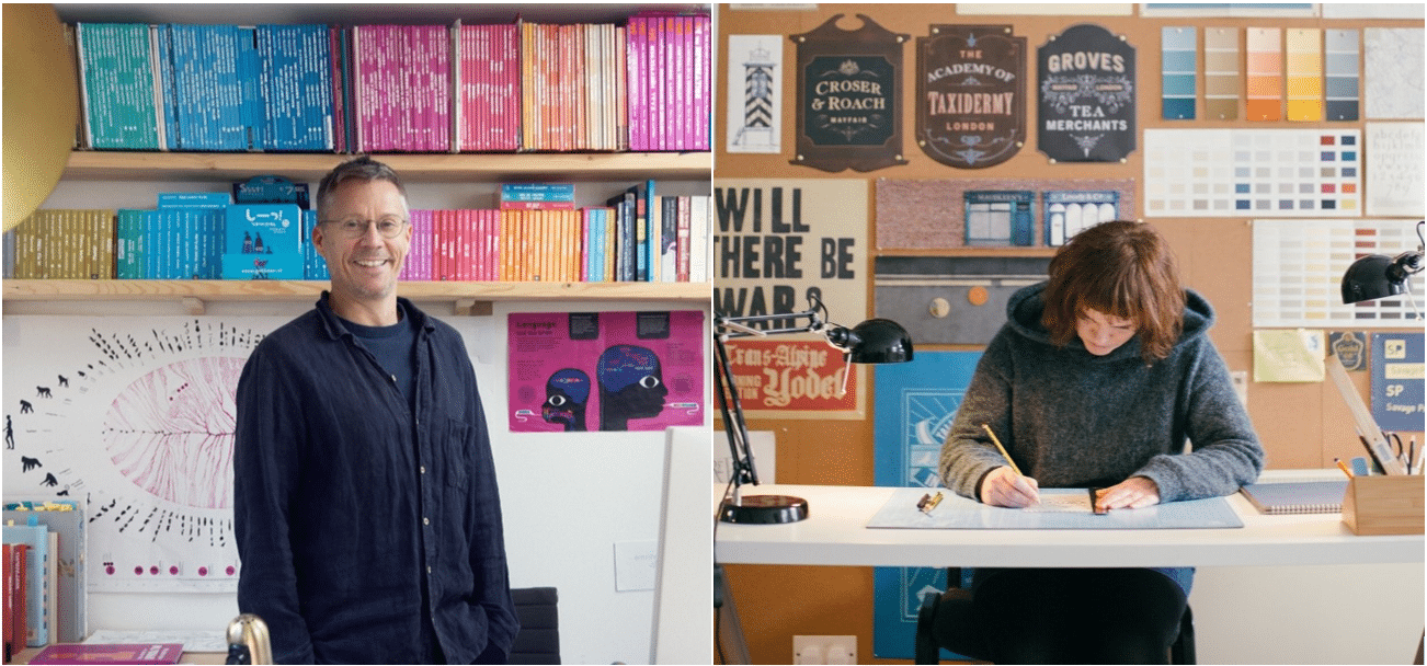 Two side by side photographs of writers/designers Chris Haughton and Annie Atkins.