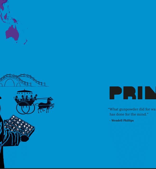 A book page with a blue background depicting images related to the history of printing.