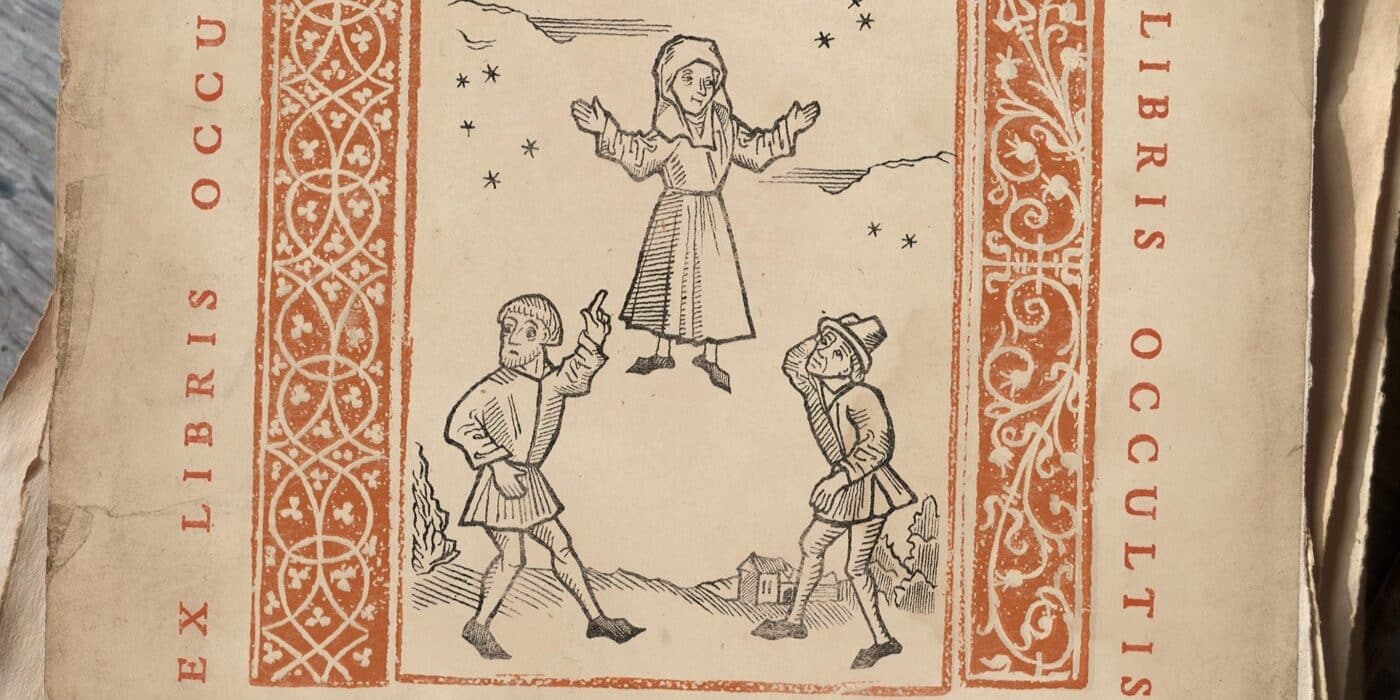 An old-looking print depicting a woman levitating in the air above two astonished onlookers.
