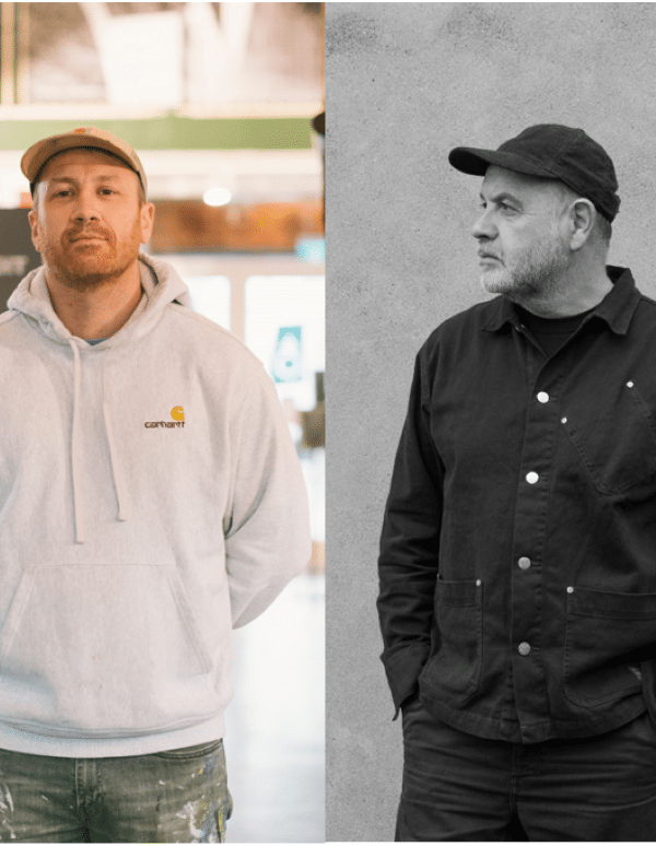 On the left, a photograph of the artist Maser standing in the National print Museum, and on the right a black and white photograph of the artist Anthony Burrill standing in front of a stone wall.